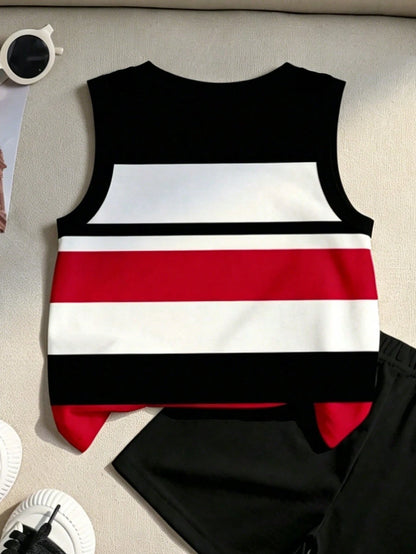 Souflis Souflis 2pcs Baby Boy Vest & Shorts Set, Minimalist Striped Sleeveless Vest With Round Neck And Black Shorts, Fashionable Outfit For Summer Outings