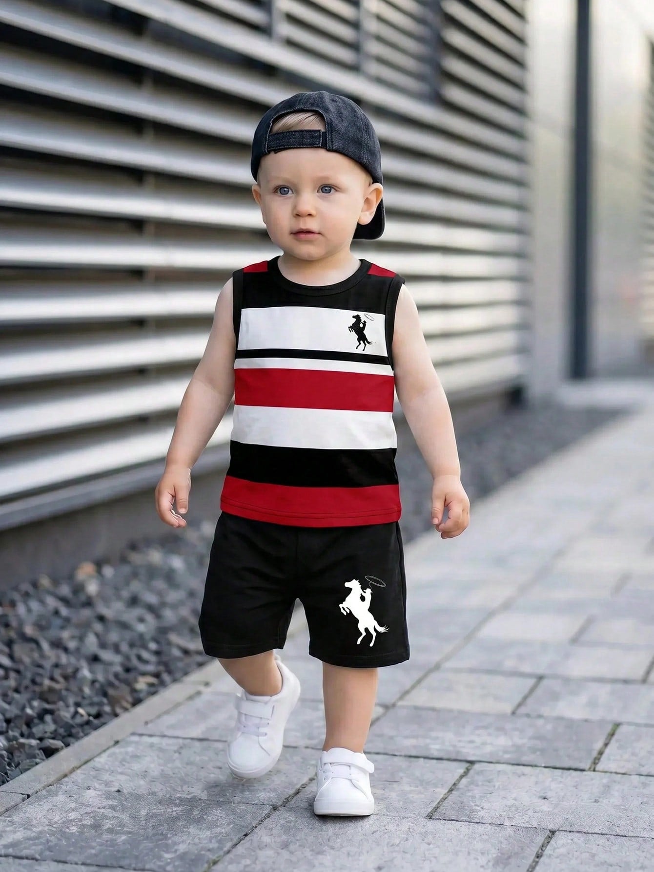 Souflis Souflis 2pcs Baby Boy Vest & Shorts Set, Minimalist Striped Sleeveless Vest With Round Neck And Black Shorts, Fashionable Outfit For Summer Outings