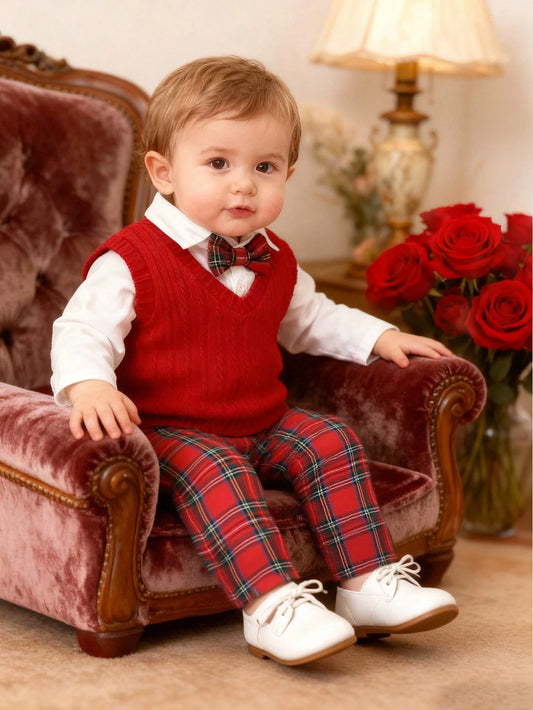 Souflis Souflis 3pcs Baby Boy Textured V-Neck Sweater Vest,Long Sleeve Shirt,Red And White Plaid Pants,Elegant Outfit For Christmas,Birthday,Summer,Parties,Fall Set