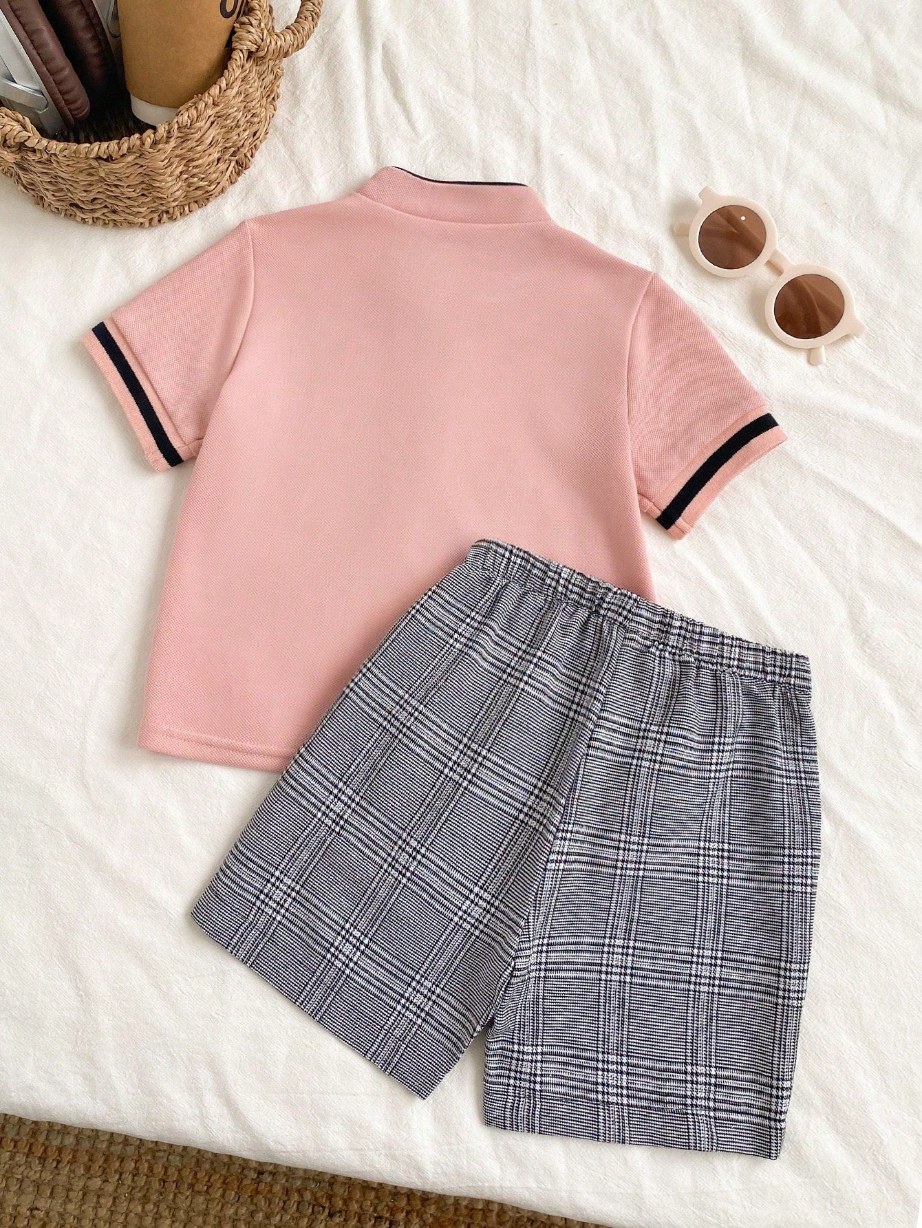 Souflis Souflis Baby Boy Elegant Minimalist Mandarin Collar Short Sleeve T-Shirt&Contrast Color Pants Set Pink Check Summer Casual Family Matching Pique Fabric 2pcs
