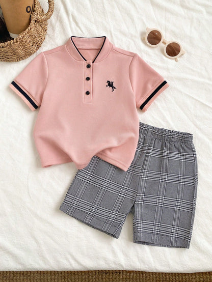 Souflis Souflis Baby Boy Elegant Minimalist Mandarin Collar Short Sleeve T-Shirt&Contrast Color Pants Set Pink Check Summer Casual Family Matching Pique Fabric 2pcs