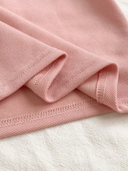 Souflis Souflis Baby Boy Elegant Minimalist Mandarin Collar Short Sleeve T-Shirt&Contrast Color Pants Set Pink Check Summer Casual Family Matching Pique Fabric 2pcs