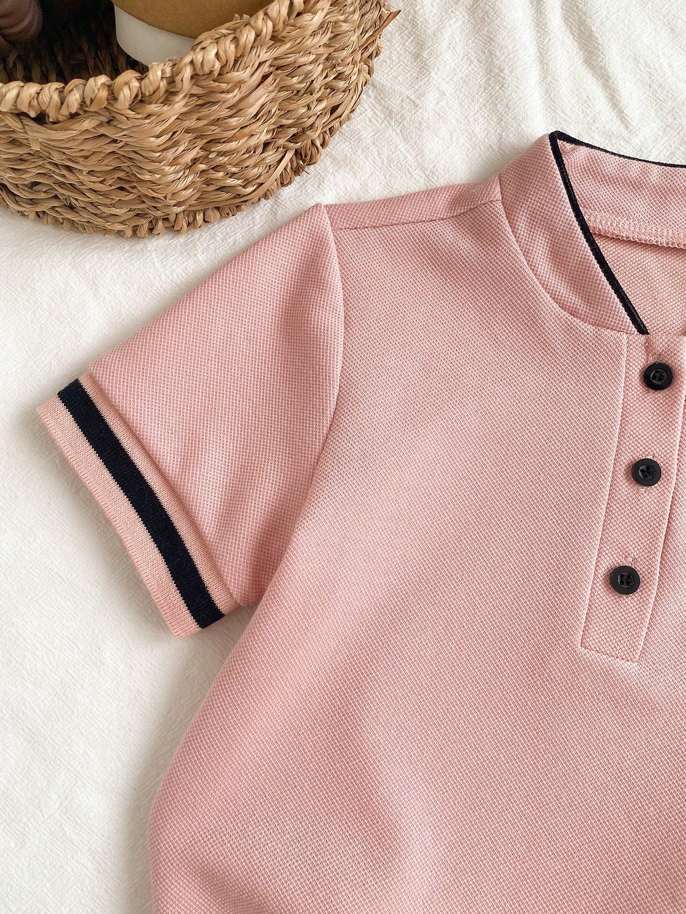 Souflis Souflis Baby Boy Elegant Minimalist Mandarin Collar Short Sleeve T-Shirt&Contrast Color Pants Set Pink Check Summer Casual Family Matching Pique Fabric 2pcs
