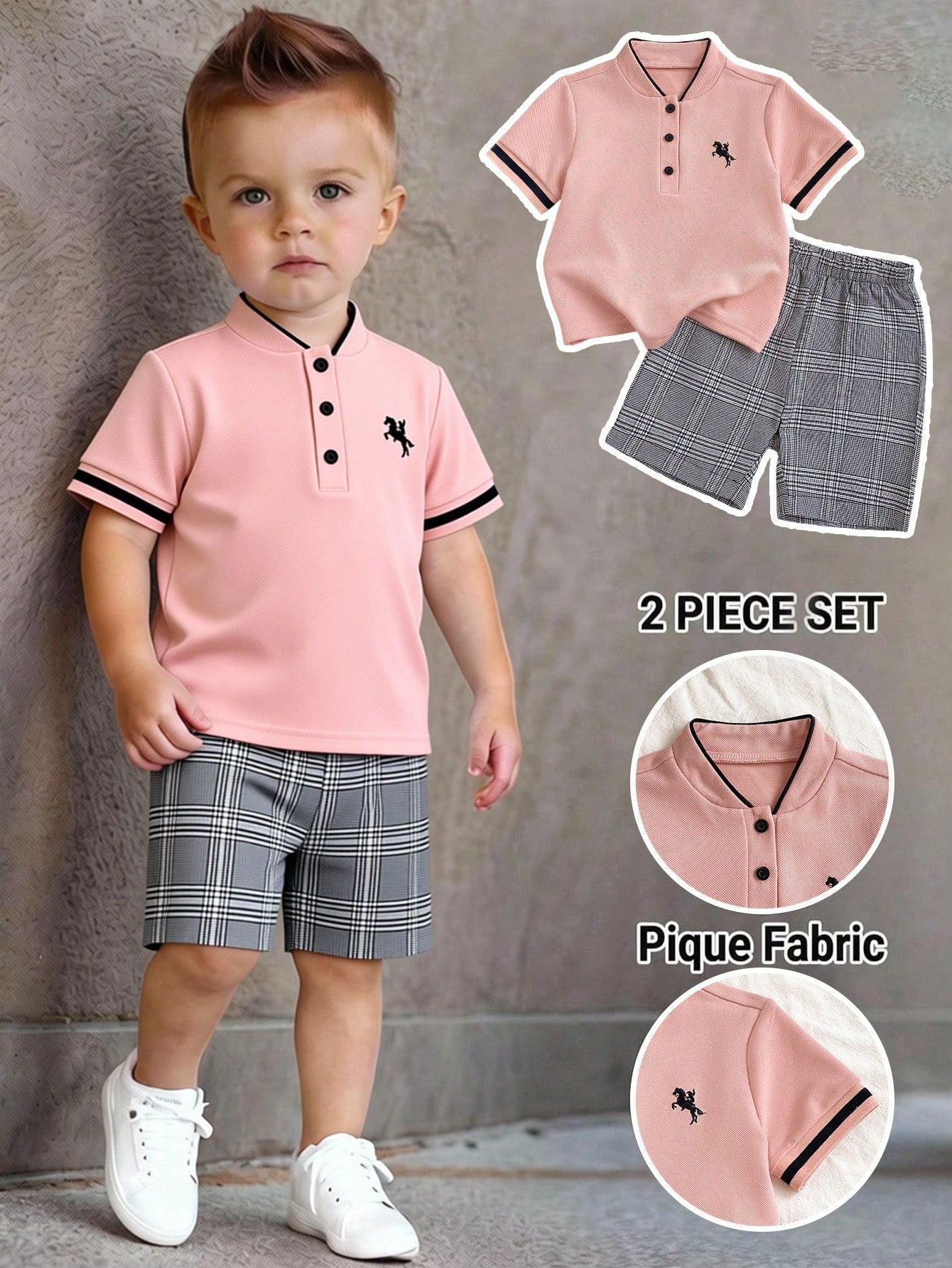 Souflis Souflis Baby Boy Elegant Minimalist Mandarin Collar Short Sleeve T-Shirt&Contrast Color Pants Set Pink Check Summer Casual Family Matching Pique Fabric 2pcs