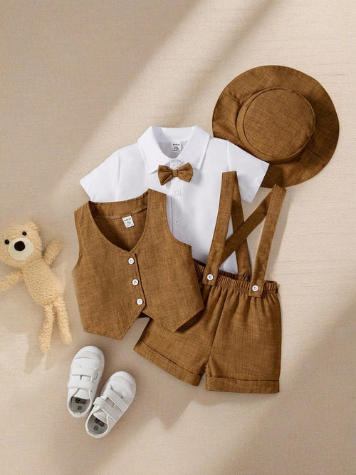 Souflis Souflis Baby Boy Short Sleeve Shirt With Bow Tie,Jacquard Blue Suspenders Shorts,Vintage Gentleman Outfit,Summer,Wedding,Brown And White Polka Dot,Cute Modest