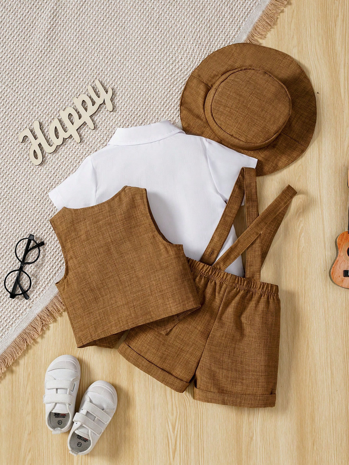 Souflis Souflis Baby Boy Short Sleeve Shirt With Bow Tie,Jacquard Blue Suspenders Shorts,Vintage Gentleman Outfit,Summer,Wedding,Brown And White Polka Dot,Cute Modest