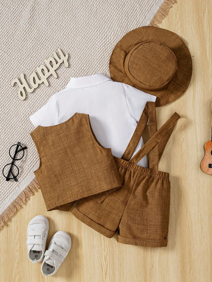 Souflis Souflis Baby Boy Short Sleeve Shirt With Bow Tie,Jacquard Blue Suspenders Shorts,Vintage Gentleman Outfit,Summer,Wedding,Brown And White Polka Dot,Cute Modest