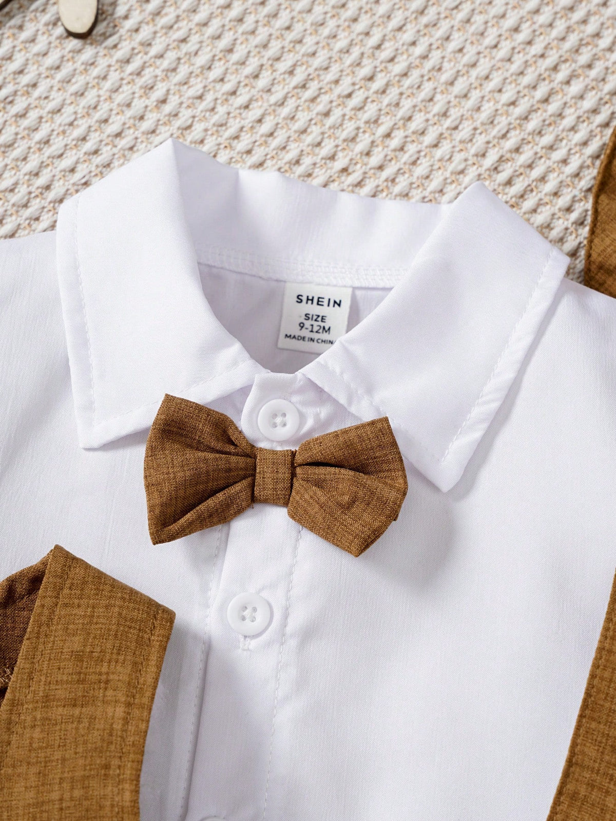 Souflis Souflis Baby Boy Short Sleeve Shirt With Bow Tie,Jacquard Blue Suspenders Shorts,Vintage Gentleman Outfit,Summer,Wedding,Brown And White Polka Dot,Cute Modest