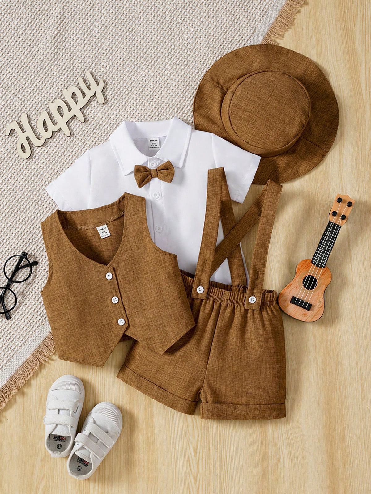 Souflis Souflis Baby Boy Short Sleeve Shirt With Bow Tie,Jacquard Blue Suspenders Shorts,Vintage Gentleman Outfit,Summer,Wedding,Brown And White Polka Dot,Cute Modest