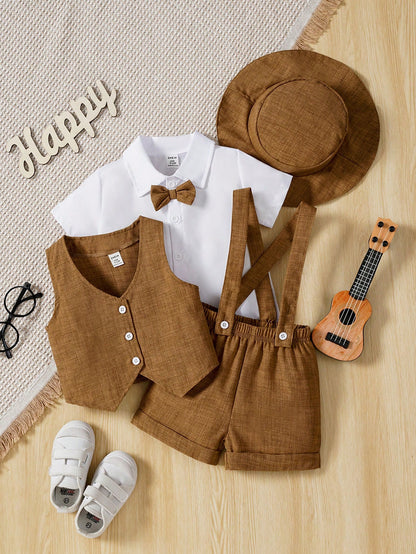 Souflis Souflis Baby Boy Short Sleeve Shirt With Bow Tie,Jacquard Blue Suspenders Shorts,Vintage Gentleman Outfit,Summer,Wedding,Brown And White Polka Dot,Cute Modest