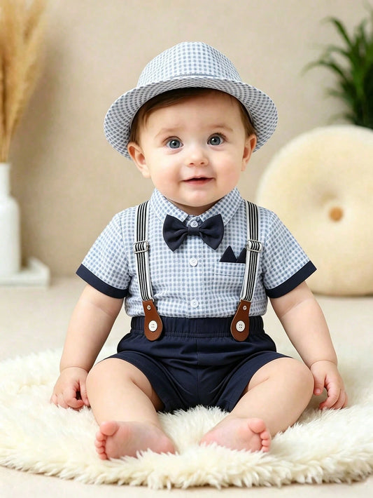 Souflis Souflis BABY BOYS Navy Blue Plaid Shirt & Suspender Shorts 4pcs Gentleman Outfit Set With Hat Bow Tie Cute Infant Toddler Birthday Wedding Party Suit