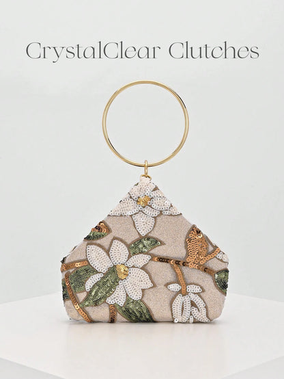 Sparkling Multi-Color Leaf & Floral Patchwork Crossbody Clutch Bag, Vintage Chain Strap Mini Square Box, Career Women, Randomly Patterned,Bride, Wedding Items