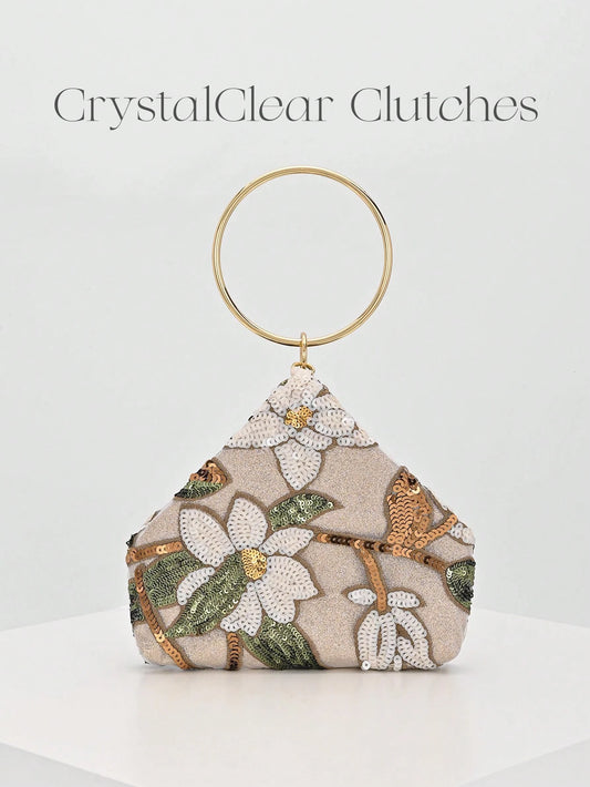 Sparkling Multi-Color Leaf & Floral Patchwork Crossbody Clutch Bag, Vintage Chain Strap Mini Square Box, Career Women, Randomly Patterned,Bride, Wedding Items