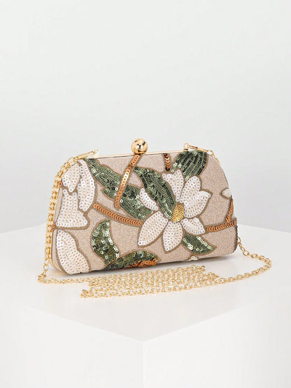 Sparkling Multi-Color Leaf & Floral Patchwork Crossbody Clutch Bag, Vintage Chain Strap Mini Square Box, Career Women, Randomly Patterned,Bride, Wedding Items