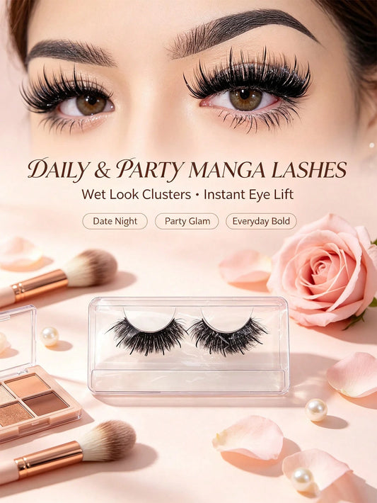 Spiky Wet Look Manga Lashes, Wispy Clustered Faux Mink False Eyelashes, Dramatic Anime Strip Lashes For Daily & Party Makeup, Reusable Handmade Eye Lashes (N099)