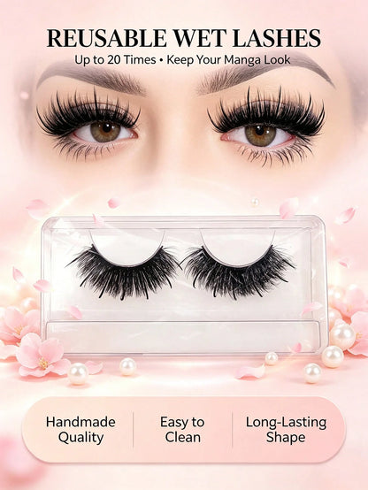 Spiky Wet Look Manga Lashes, Wispy Clustered Faux Mink False Eyelashes, Dramatic Anime Strip Lashes For Daily & Party Makeup, Reusable Handmade Eye Lashes (N099)