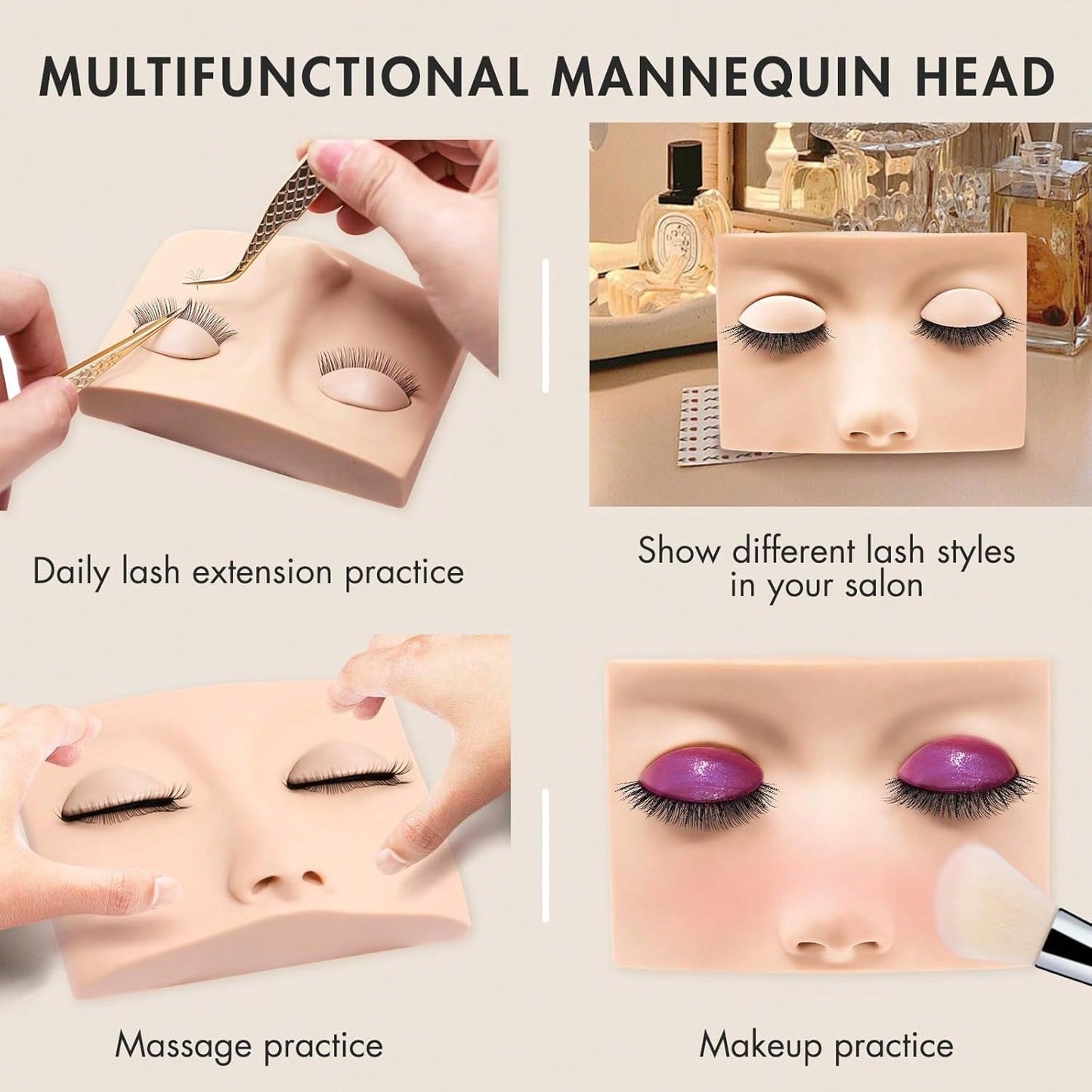 SRCKFIZ Double Layer Lash Mannequin Head- Realistic Soft-Touch Rubber Head With 2 Layers Replaced Eyelids- Training Makeup Head (1 Pair Removable Eyelids)