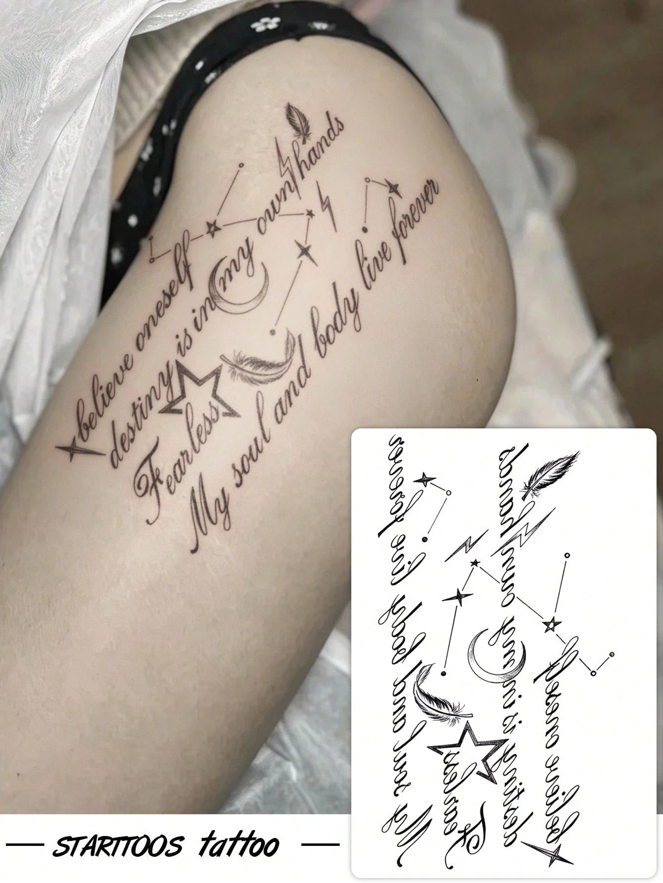 STARTTOOS 1pc Large Arm Tattoo Sticker, Black Star Moon Feather English Cursive Pattern, Temporary Tattoo Sticker For Arm, Waist, Abdomen, Shoulder, Neck, Collarbone, Leg, Party Gift, Holiday Gift
