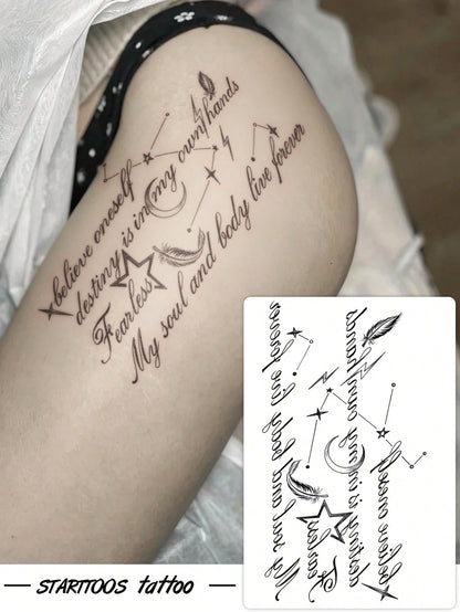 STARTTOOS 1pc Large Arm Tattoo Sticker, Black Star Moon Feather English Cursive Pattern, Temporary Tattoo Sticker For Arm, Waist, Abdomen, Shoulder, Neck, Collarbone, Leg, Party Gift, Holiday Gift