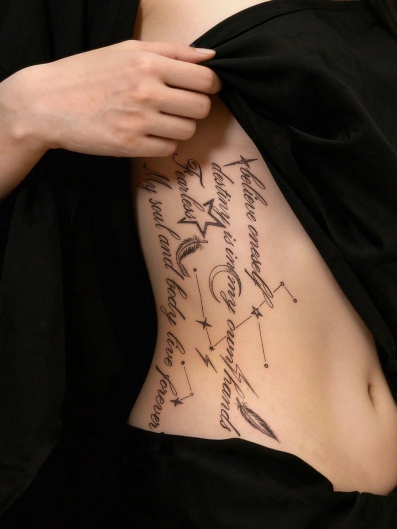 STARTTOOS 1pc Large Arm Tattoo Sticker, Black Star Moon Feather English Cursive Pattern, Temporary Tattoo Sticker For Arm, Waist, Abdomen, Shoulder, Neck, Collarbone, Leg, Party Gift, Holiday Gift