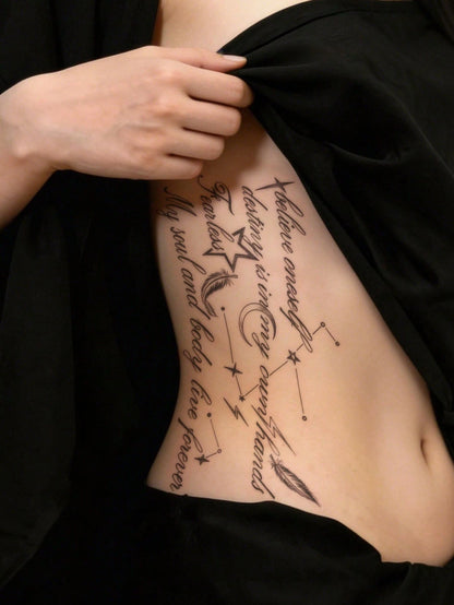 STARTTOOS 1pc Large Arm Tattoo Sticker, Black Star Moon Feather English Cursive Pattern, Temporary Tattoo Sticker For Arm, Waist, Abdomen, Shoulder, Neck, Collarbone, Leg, Party Gift, Holiday Gift