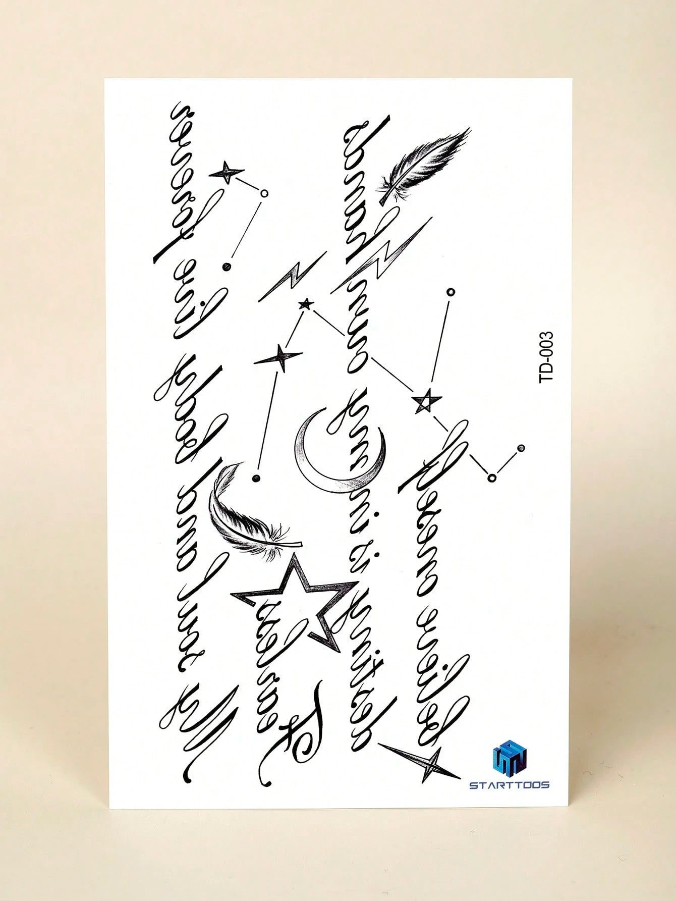 STARTTOOS 1pc Large Arm Tattoo Sticker, Black Star Moon Feather English Cursive Pattern, Temporary Tattoo Sticker For Arm, Waist, Abdomen, Shoulder, Neck, Collarbone, Leg, Party Gift, Holiday Gift
