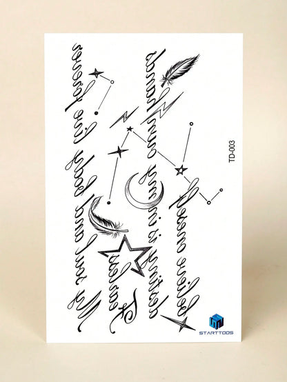 STARTTOOS 1pc Large Arm Tattoo Sticker, Black Star Moon Feather English Cursive Pattern, Temporary Tattoo Sticker For Arm, Waist, Abdomen, Shoulder, Neck, Collarbone, Leg, Party Gift, Holiday Gift