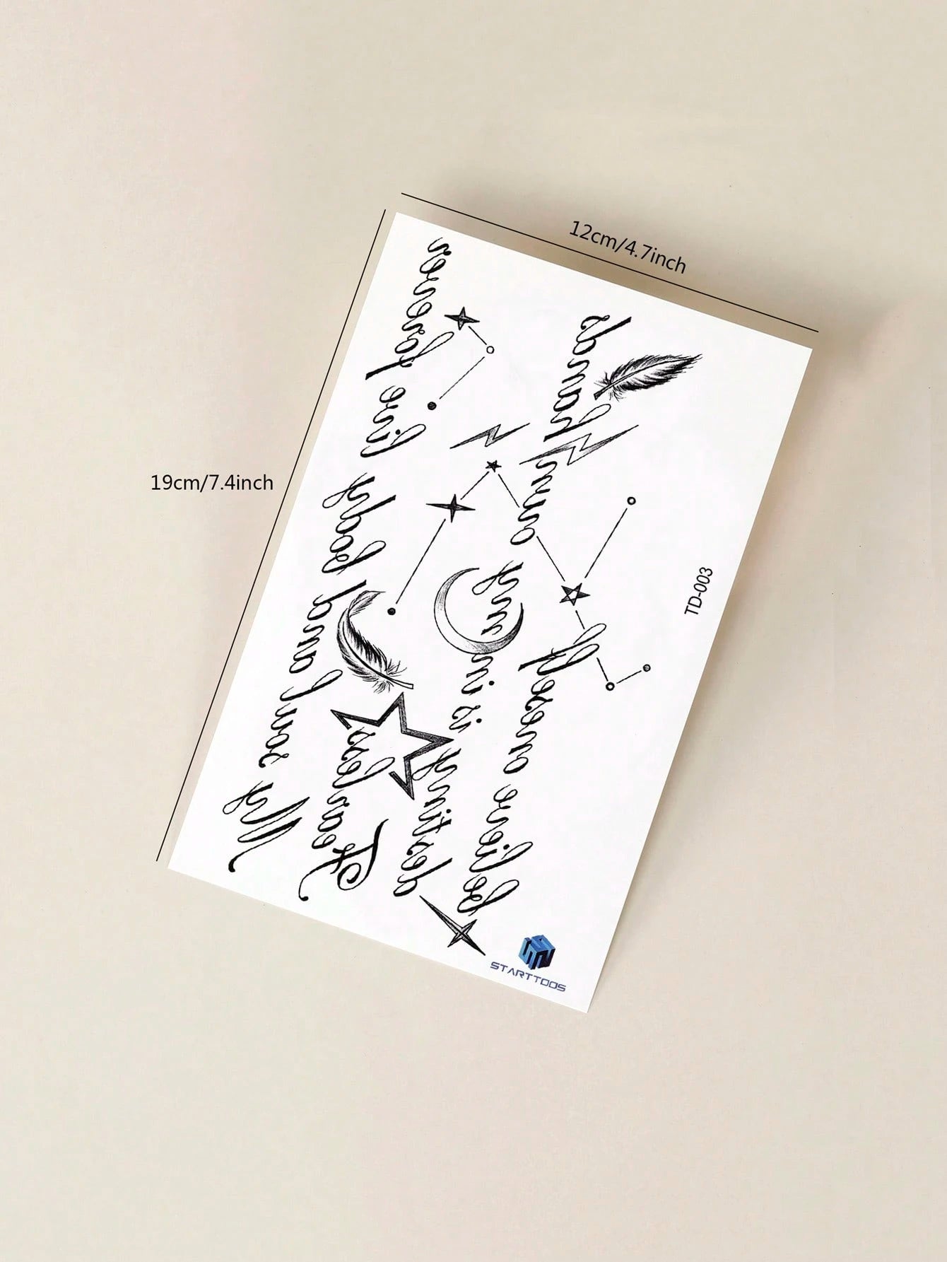 STARTTOOS 1pc Large Arm Tattoo Sticker, Black Star Moon Feather English Cursive Pattern, Temporary Tattoo Sticker For Arm, Waist, Abdomen, Shoulder, Neck, Collarbone, Leg, Party Gift, Holiday Gift