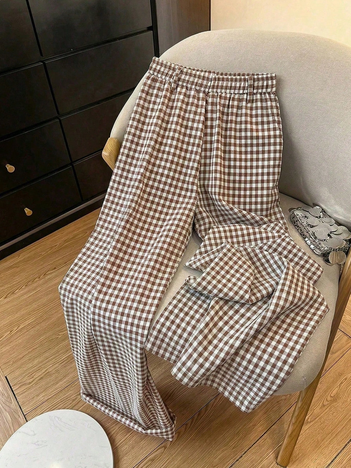 Straight Leg Plaid Print Pants, Elastic Waist With Pockets, Suitable For Office, Business, Vacation, Casual, Daily Wear, School, Travel, New Arrival