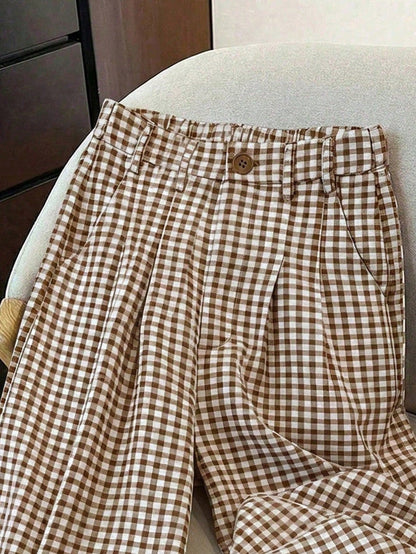 Straight Leg Plaid Print Pants, Elastic Waist With Pockets, Suitable For Office, Business, Vacation, Casual, Daily Wear, School, Travel, New Arrival
