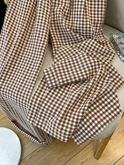 Straight Leg Plaid Print Pants, Elastic Waist With Pockets, Suitable For Office, Business, Vacation, Casual, Daily Wear, School, Travel, New Arrival