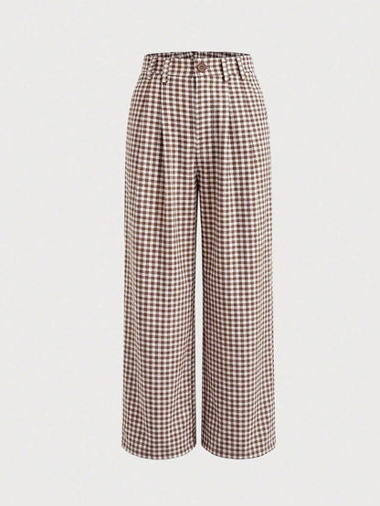 Straight Leg Plaid Print Pants, Elastic Waist With Pockets, Suitable For Office, Business, Vacation, Casual, Daily Wear, School, Travel, New Arrival