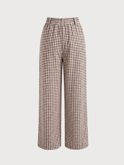 Straight Leg Plaid Print Pants, Elastic Waist With Pockets, Suitable For Office, Business, Vacation, Casual, Daily Wear, School, Travel, New Arrival