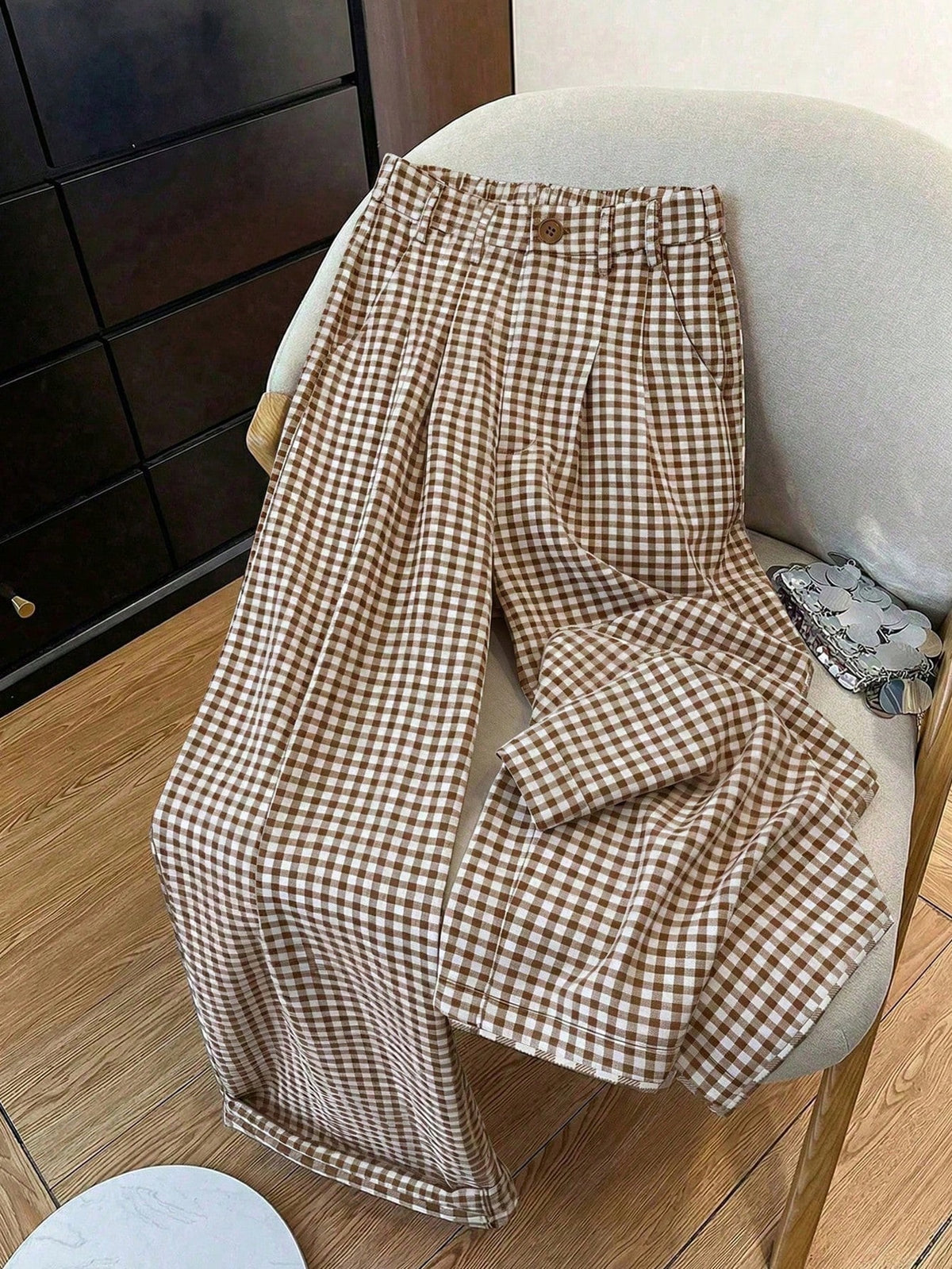 Straight Leg Plaid Print Pants, Elastic Waist With Pockets, Suitable For Office, Business, Vacation, Casual, Daily Wear, School, Travel, New Arrival