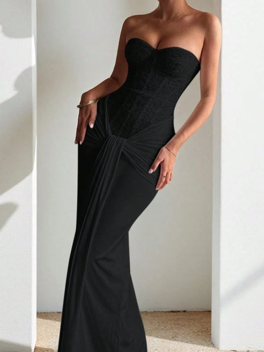 Strapless Lace Corset Maxi Formal Dress, Ruched Draped Front Slit Silky Bodycon Gown For Evening Cocktails, Birthday Banquets & Luxury Parties