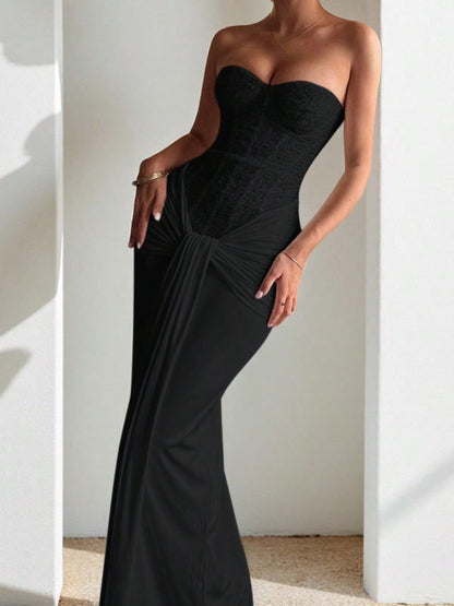 Strapless Lace Corset Maxi Formal Dress, Ruched Draped Front Slit Silky Bodycon Gown For Evening Cocktails, Birthday Banquets & Luxury Parties