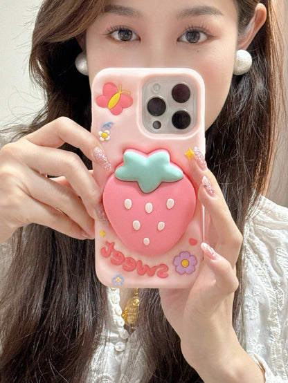 Strawberry Stand Holder Protective Case Compatible With IPhone 15 Pro Max, Cute Women's Design, Anti-Drop Cover For IPhone 14
