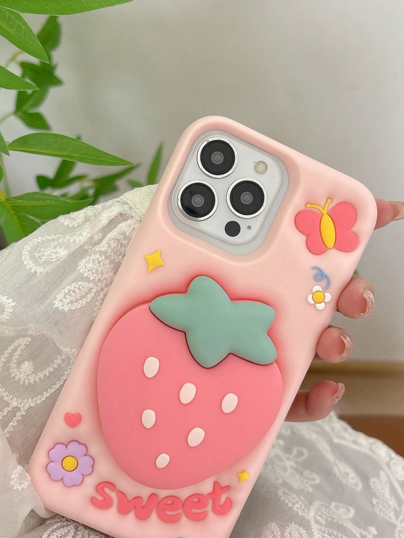 Strawberry Stand Holder Protective Case Compatible With IPhone 15 Pro Max, Cute Women's Design, Anti-Drop Cover For IPhone 14