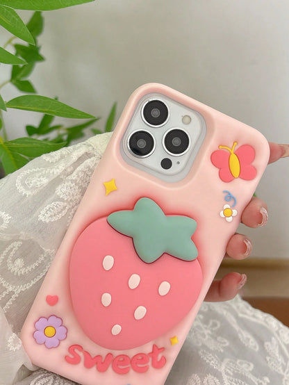 Strawberry Stand Holder Protective Case Compatible With IPhone 15 Pro Max, Cute Women's Design, Anti-Drop Cover For IPhone 14