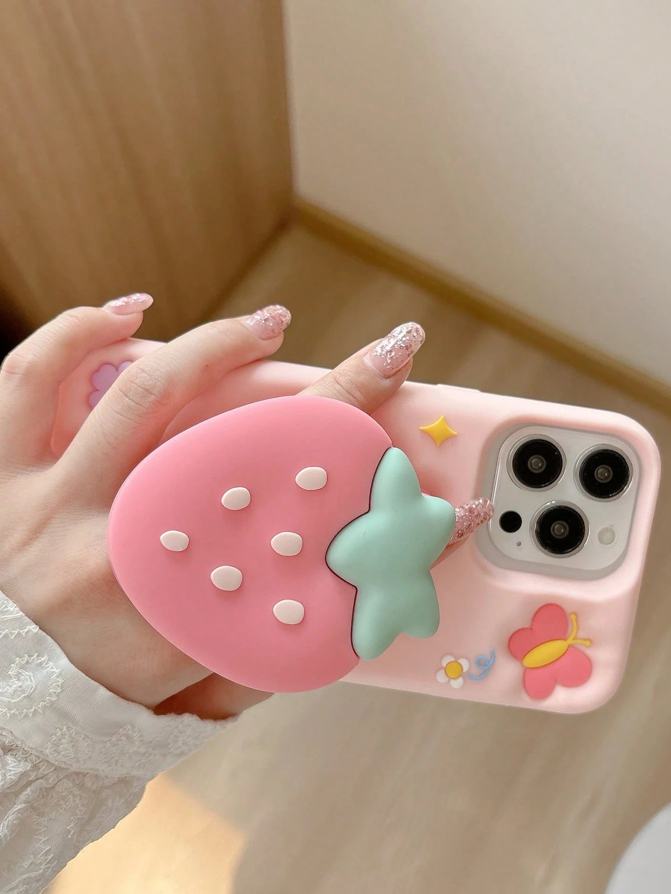 Strawberry Stand Holder Protective Case Compatible With IPhone 15 Pro Max, Cute Women's Design, Anti-Drop Cover For IPhone 14