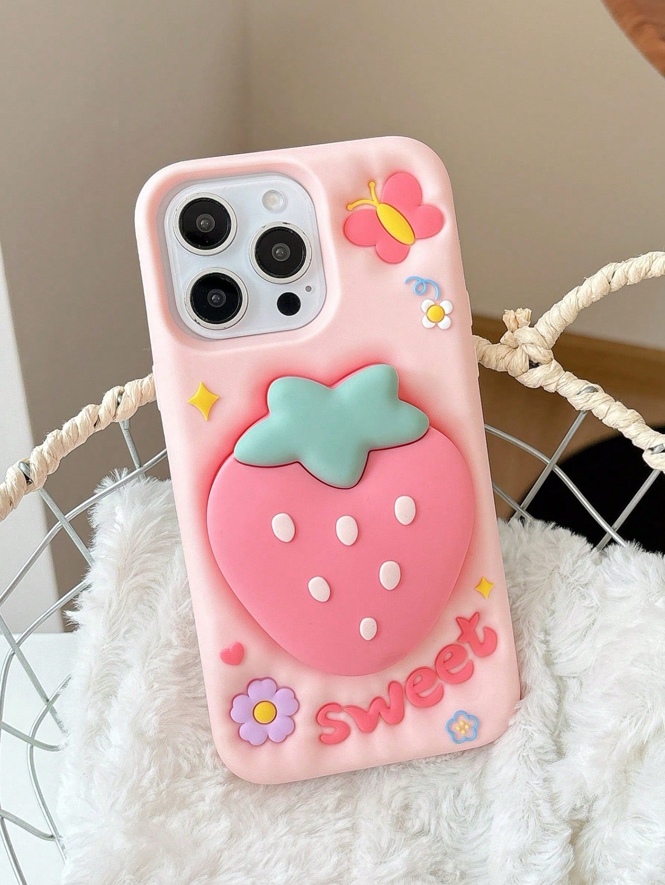 Strawberry Stand Holder Protective Case Compatible With IPhone 15 Pro Max, Cute Women's Design, Anti-Drop Cover For IPhone 14