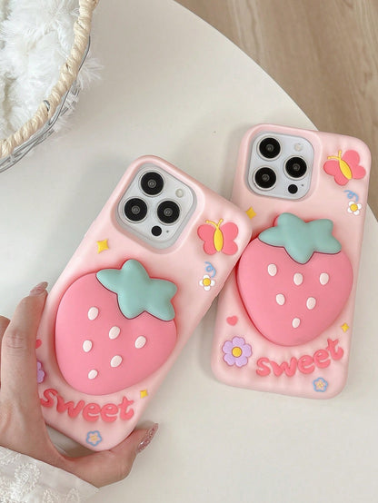 Strawberry Stand Holder Protective Case Compatible With IPhone 15 Pro Max, Cute Women's Design, Anti-Drop Cover For IPhone 14