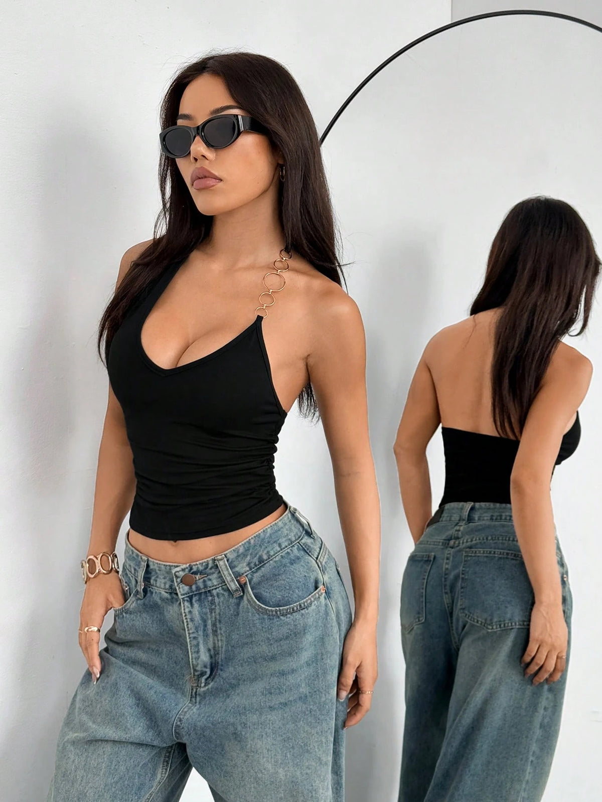 StreetHx Women's Black Metal Chain Decor V-Neck Backless Camisole Top, Minimalist Casual Daily Versatile Simple Design, Spring/Summer