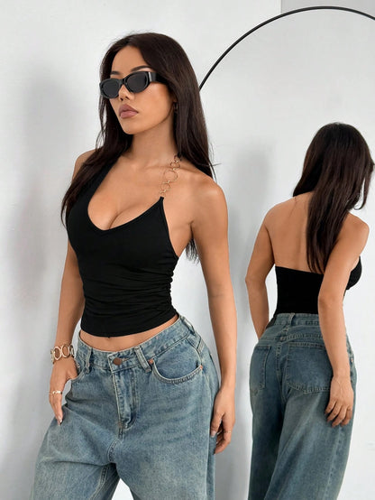 StreetHx Women's Black Metal Chain Decor V-Neck Backless Camisole Top, Minimalist Casual Daily Versatile Simple Design, Spring/Summer