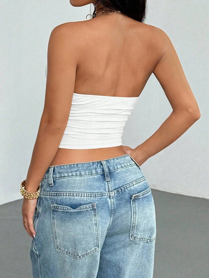 StreetHx Women's Black Metal Chain Decor V-Neck Backless Camisole Top, Minimalist Casual Daily Versatile Simple Design, Spring/Summer