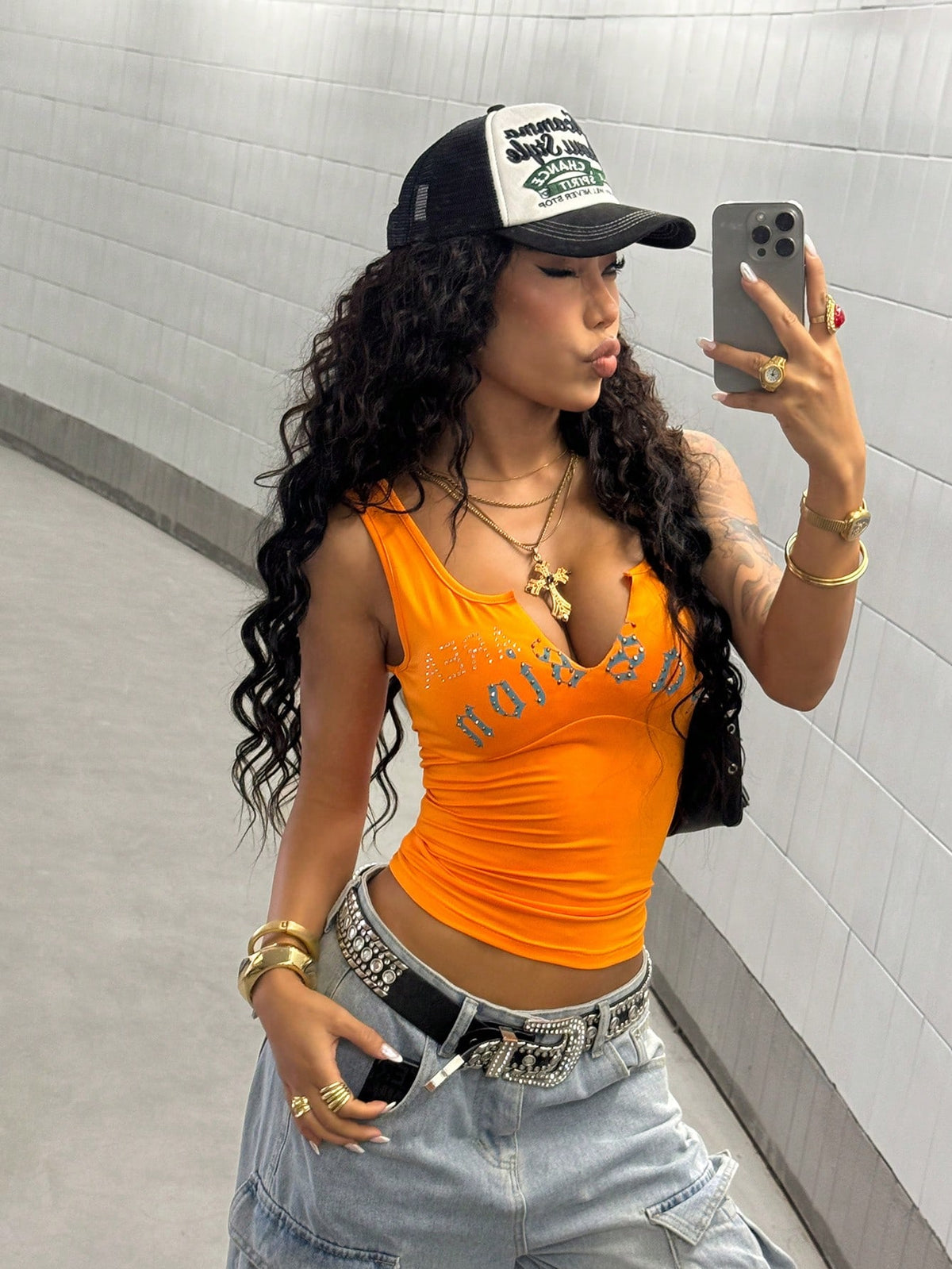 StreetHx Women's Spring/Summer Streetwear Rhinestone Embellished Printed Tight Yoga Sports Orange Tank Top, Minimalist Subculture Style Fitted Top