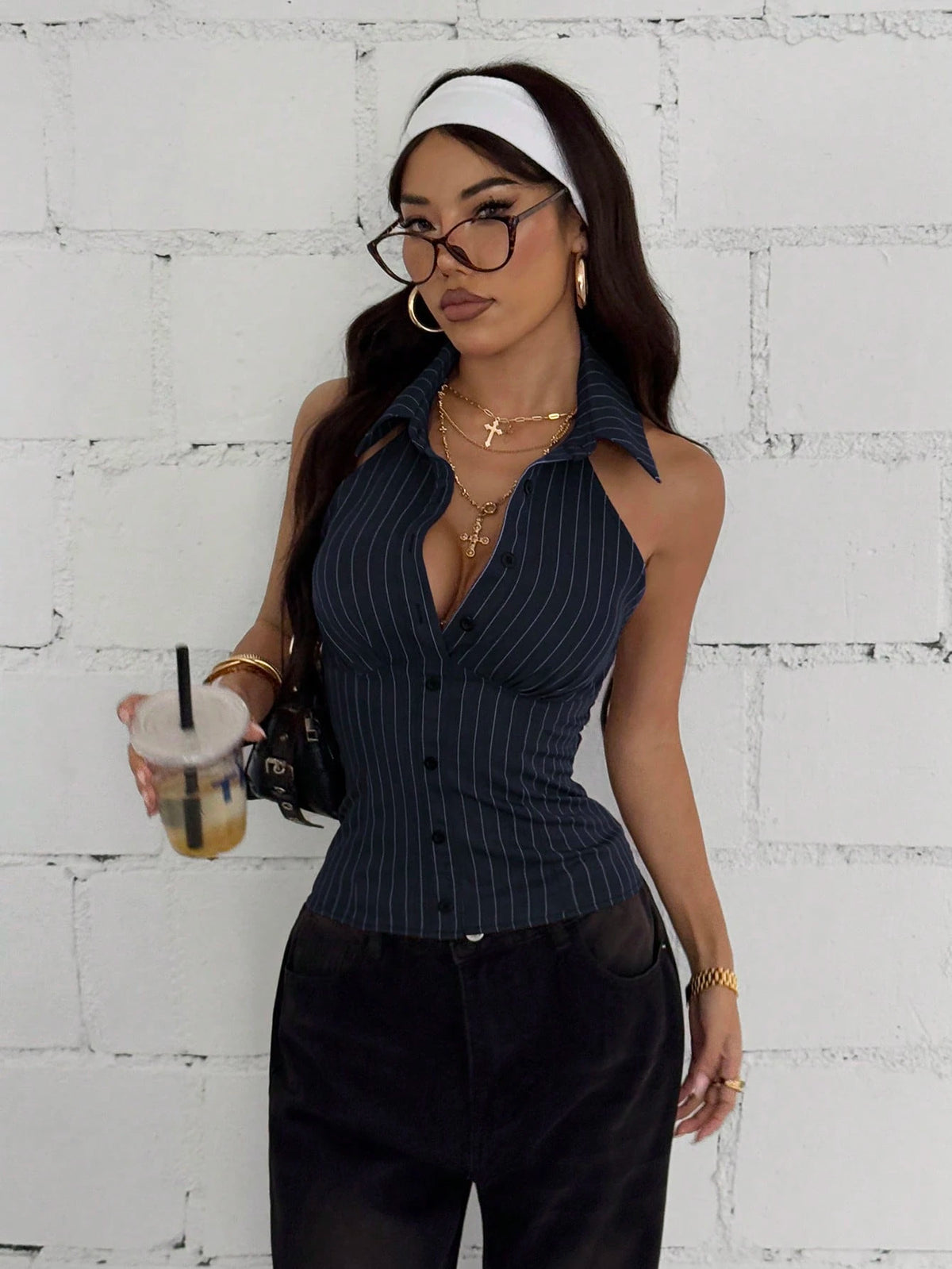 StreetHx Women Street Style Brown Striped Backless Sleeveless Shirt