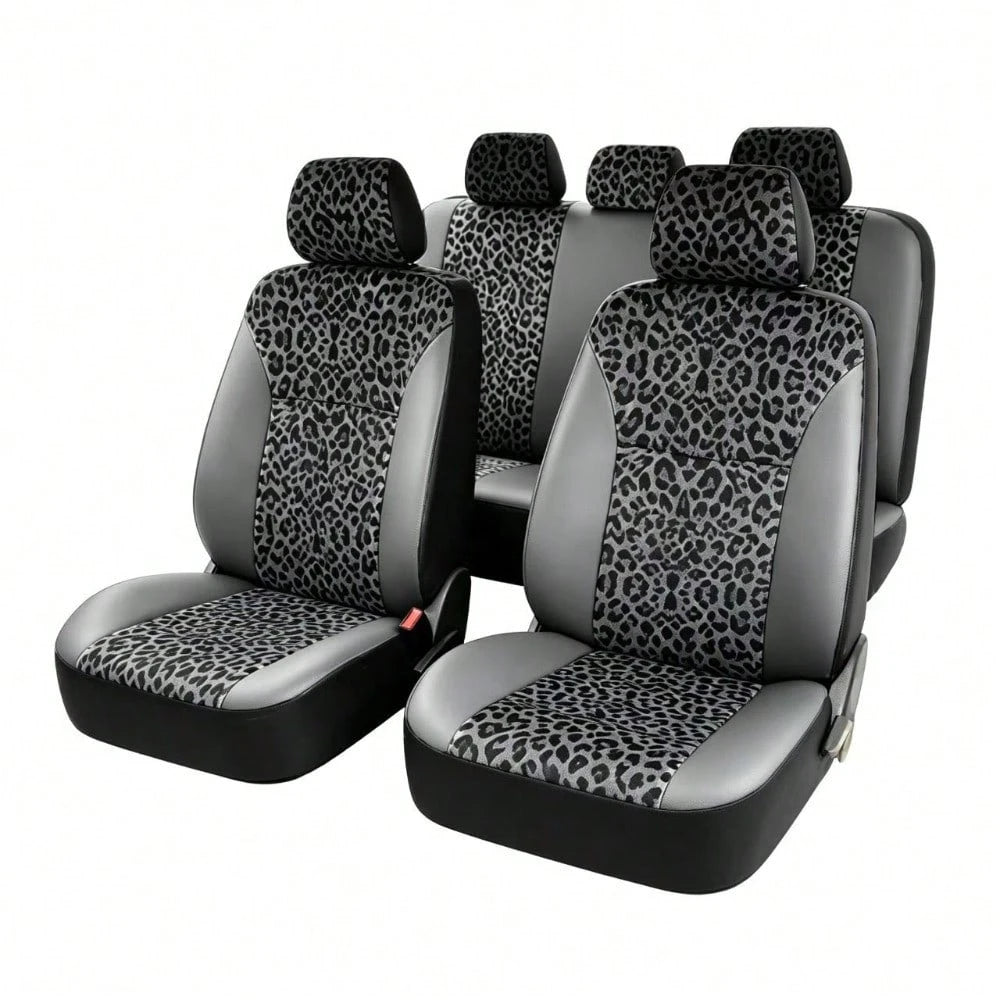 Stylish Leopard-Print Two-Tone Leather Car Seat Covers For 5-Seater Vehicles, Compatible With Most 5-Seater Sedans And SUVs On The Market. Fashionable, Versatile, And Easy To Maintain-The Perfect Gift