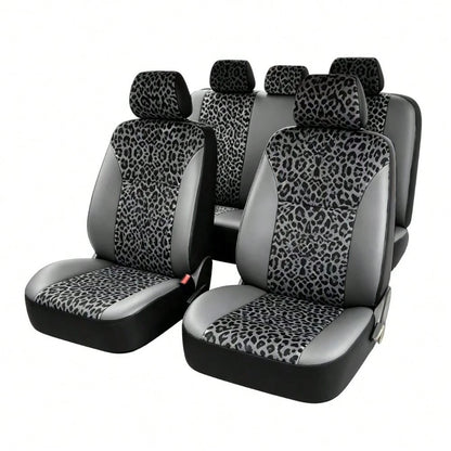 Stylish Leopard-Print Two-Tone Leather Car Seat Covers For 5-Seater Vehicles, Compatible With Most 5-Seater Sedans And SUVs On The Market. Fashionable, Versatile, And Easy To Maintain-The Perfect Gift