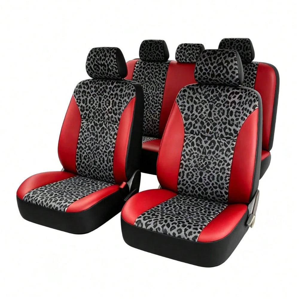 Stylish Leopard-Print Two-Tone Leather Car Seat Covers For 5-Seater Vehicles, Compatible With Most 5-Seater Sedans And SUVs On The Market. Fashionable, Versatile, And Easy To Maintain-The Perfect Gift
